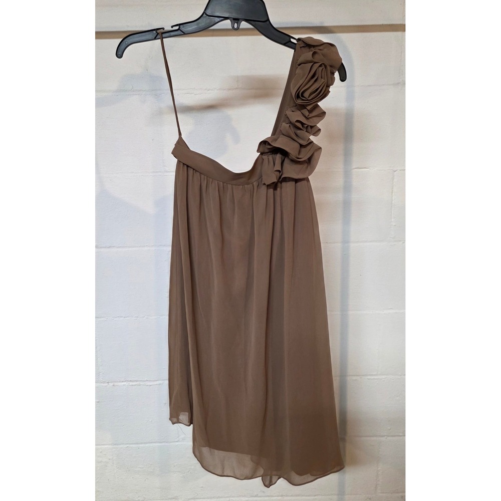 Brown One Shoulder Chiffon Rosette Mini Dress Tunic Side Zip Ethereal Fairycore